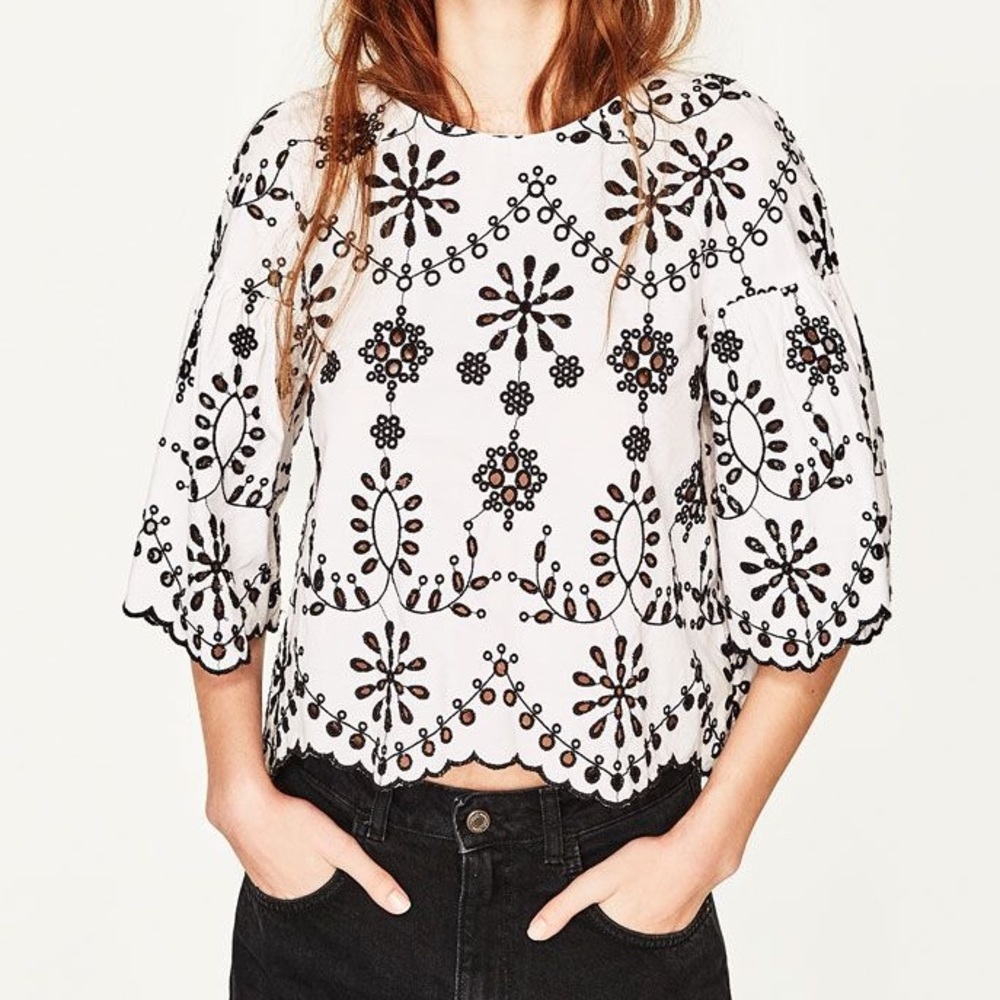 Zara Black & White Floral Embroidered Eyelet Top
